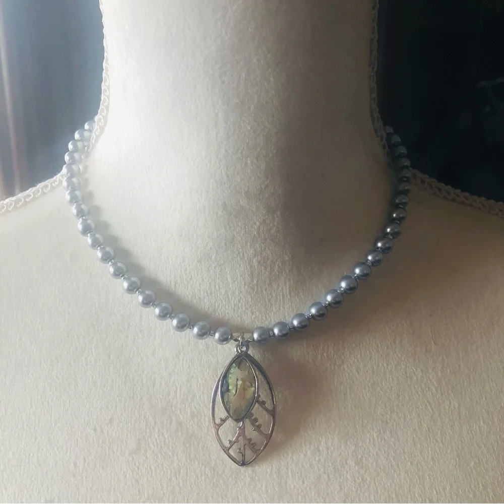 Handcrafted repurpose abalone shell botanical pendant Czech glass Pearl necklace